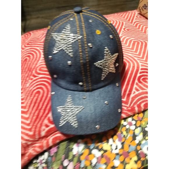Denim Hat Bling Studded Rhinestones Baseball Cap Hat Adjustable Jeans - Picture 1 of 4